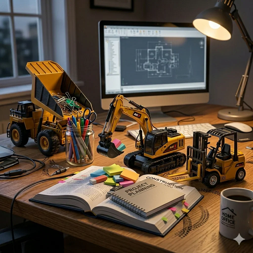 Tiny construction vehicles in a desktop scene