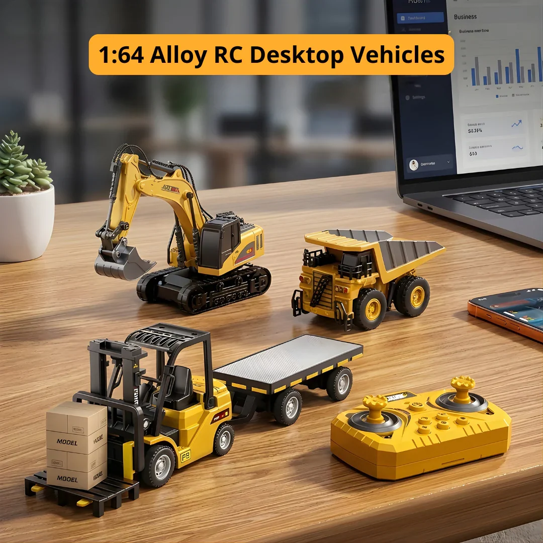 Forklift, dump truck, and excavator on a desk